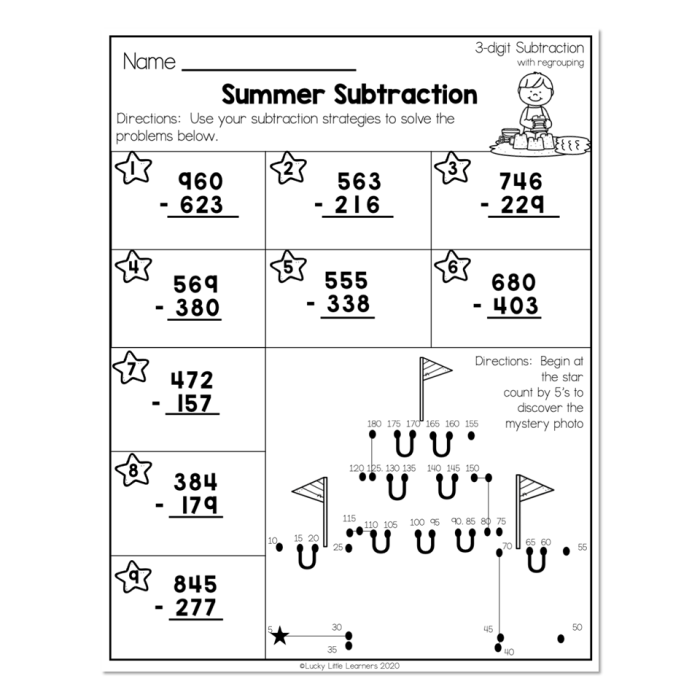 Fractions worksheet for Third Grade Children engaging with a Hula Hoop-themed worksheet focused on three-digit subtraction with regrouping. Third grade math practice worksheet for mastering subtraction skills.