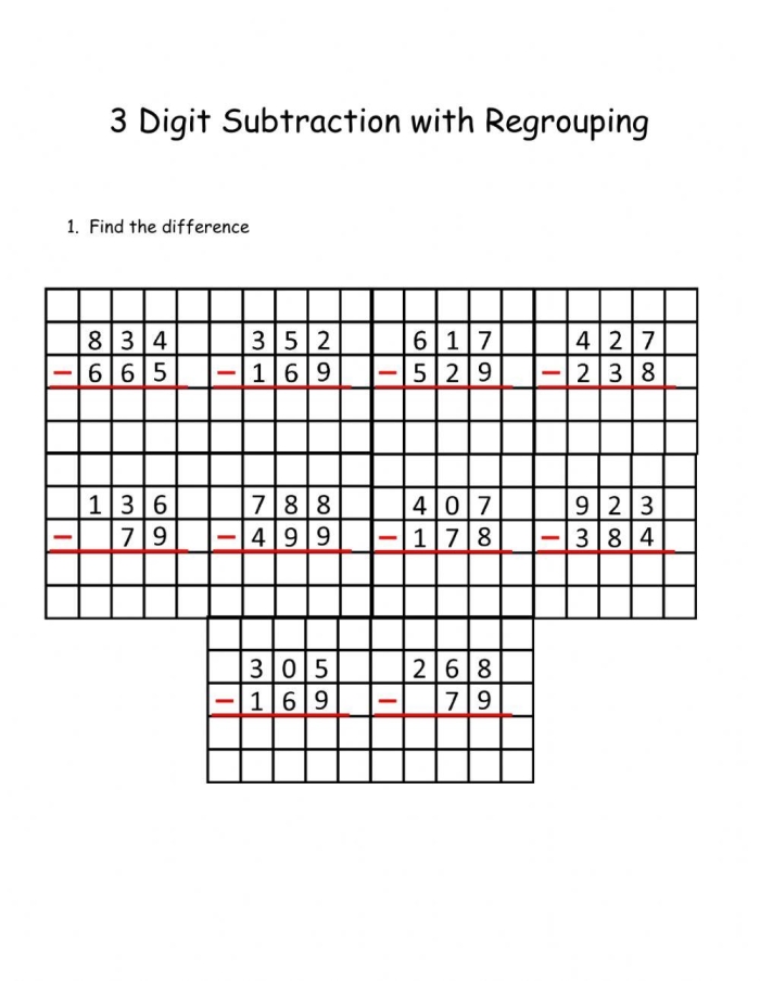 Fractions worksheet for Third Grade Kids practice three-digit subtraction with regrouping on this Hula Hoop-themed worksheet. Engaging third grade math activity for mastering subtraction skills.