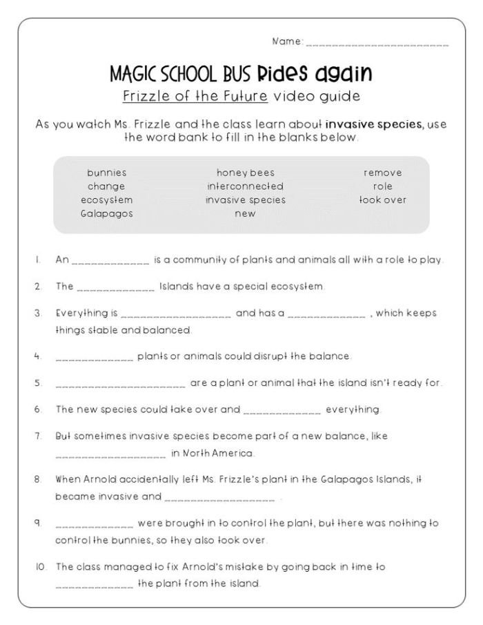 Graphic organizer illustrating the effects of invasive species on ecosystems for a sixth-grade worksheet