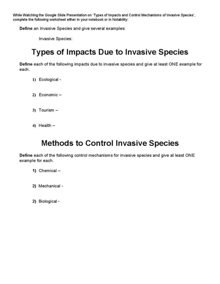 Graphic organizer illustrating the effects of invasive species on ecosystems