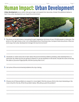 Urban Growth and Environmental Impact Analysis Worksheet for Middle School Algebra Sixth grade students analyzing urban development effects on the environment with algebraic equations and data charts