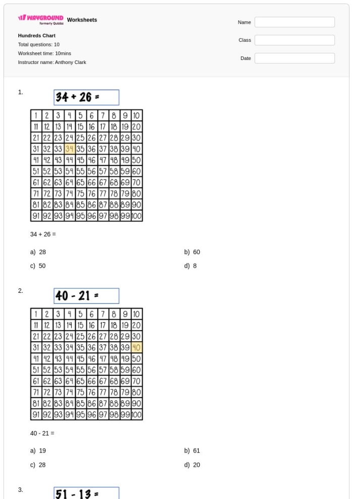 Hundreds Chart 1-120 Math Practice Worksheet 13 First grade student filling in missing numbers on a 1-120 hundreds chart worksheet