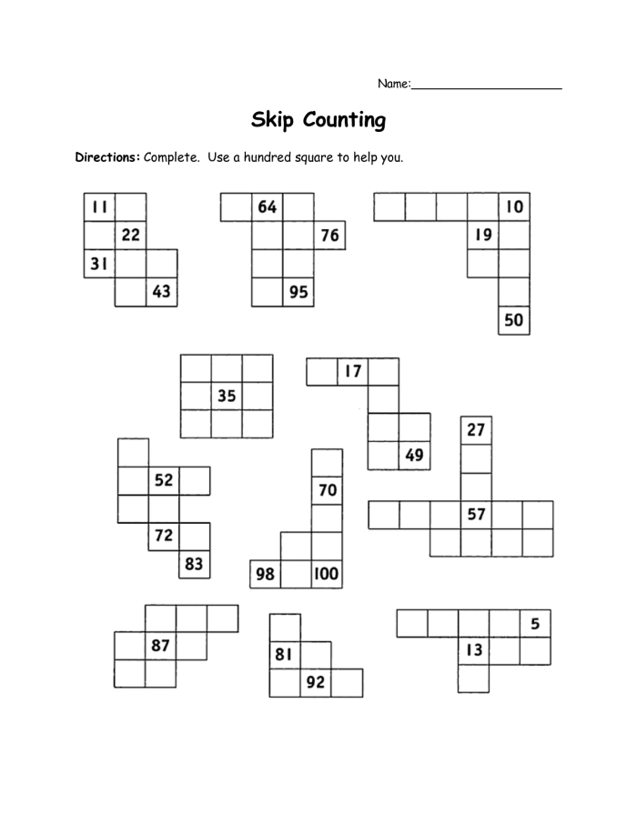 Hundreds chart worksheet for second graders with missing numbers to fill in