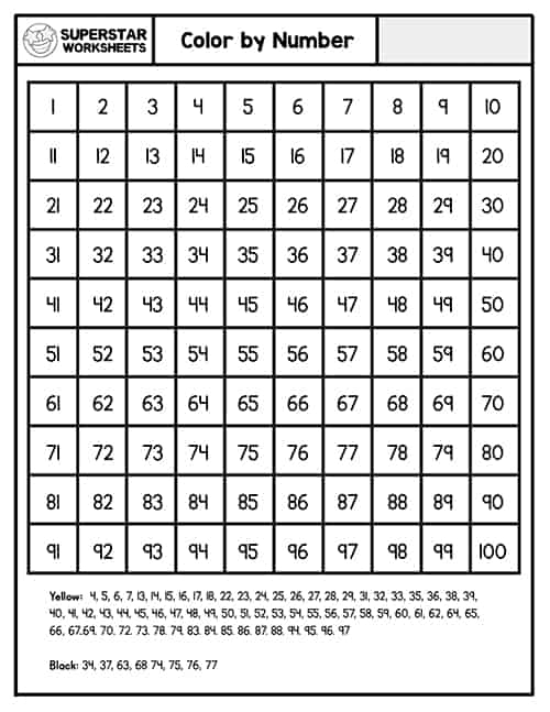 First grade student filling in missing numbers on a printed hundreds chart worksheet