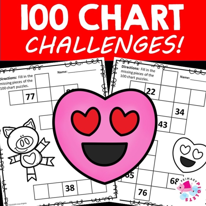 A first grade student filling in missing numbers on a printed hundreds chart challenge worksheet