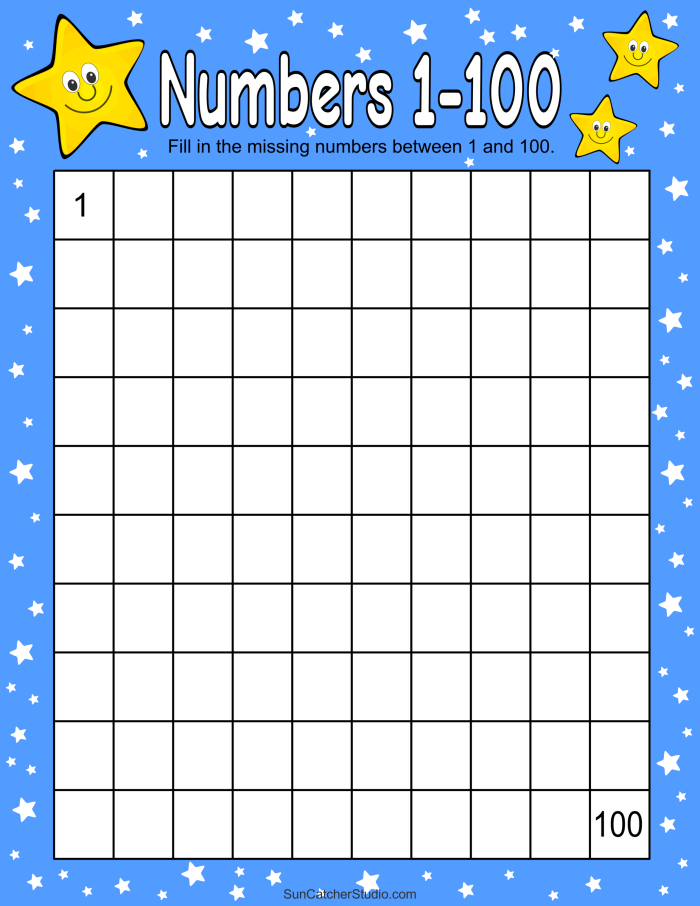 Hundreds chart worksheet for second graders with missing numbers to fill in