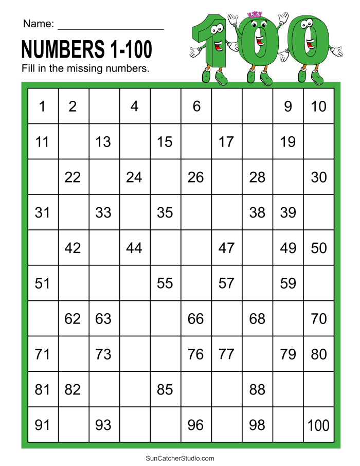 Hundreds chart worksheet for second graders with missing numbers to fill in