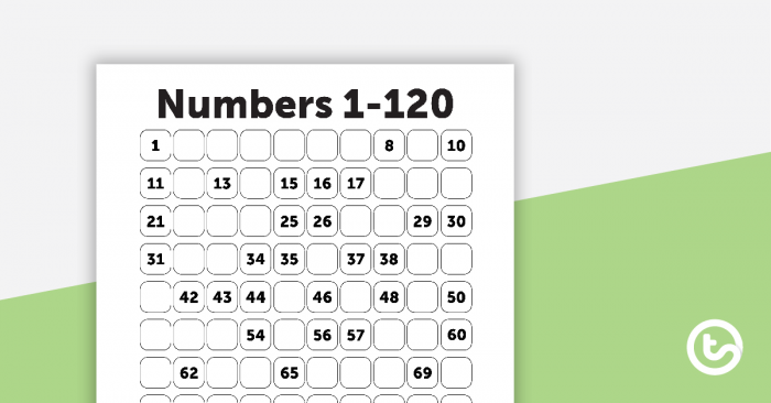 Hundreds chart review activity showing numbered grid with blank spaces for students to practice counting skills First grade student completing a hundreds chart worksheet by filling in missing numbers from 1 to 120