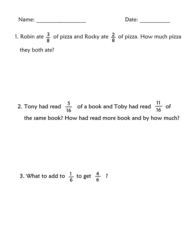 Third grade students solving fraction word problems about sharing food and equal parts with visual fraction diagrams