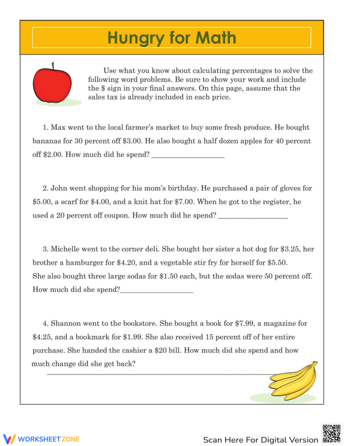 Seventh grade student working on a Hungry for Math worksheet focused on percentage word problems