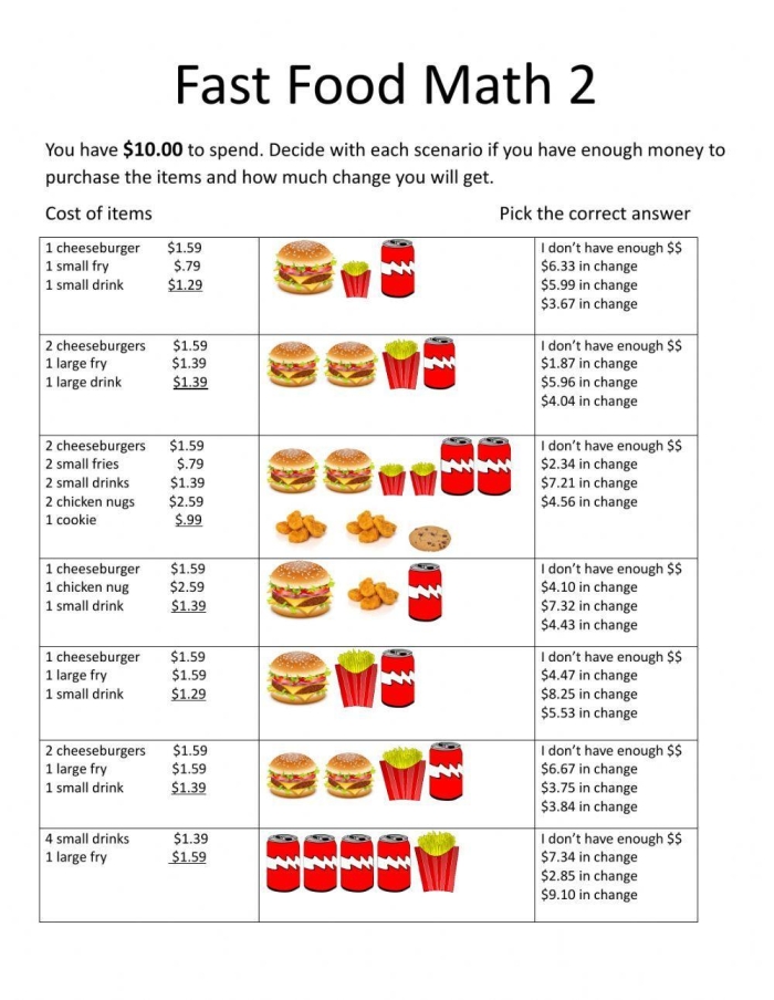 Hungry for Math worksheet featuring seventh-grade food-related math problems with percentages
