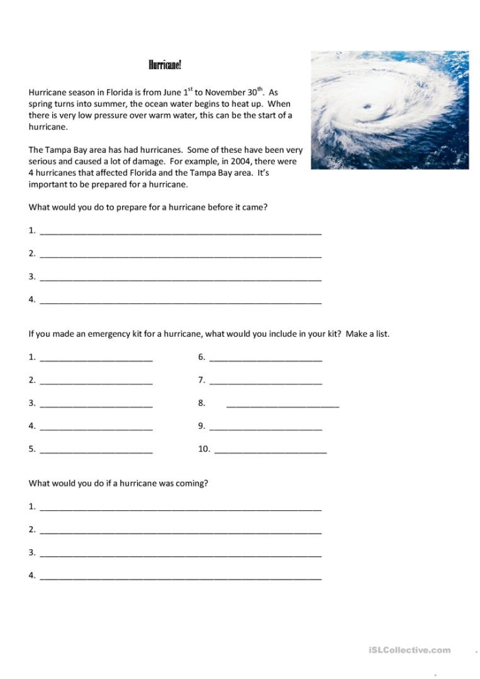 Hurricane Science worksheet for fifth graders featuring an engaging Q&A on hurricanes