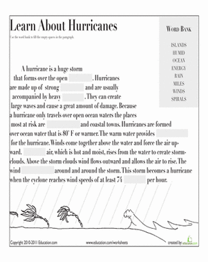 Hurricane Science worksheet for fifth graders exploring earth science concepts