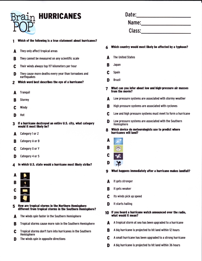 Hurricane Science worksheet for fifth graders exploring earth science concepts