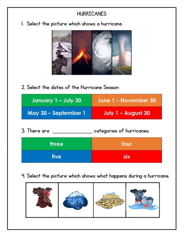 Hurricane Science worksheet featuring Q&A for fifth-grade students