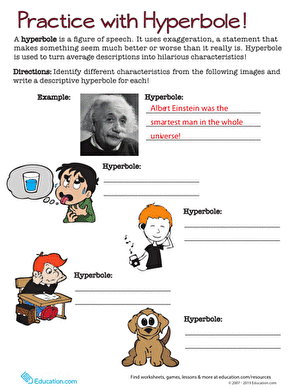 Colorful worksheet featuring examples of hyperbole for fourth graders to enhance their writing skills