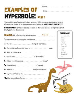 Colorful worksheet for fourth graders featuring hyperbole examples to enhance writing skills