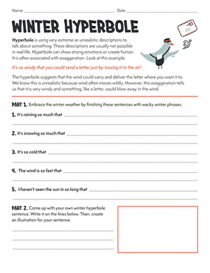 Fourth grade students practicing figurative language with an Examples of Hyperbole Part 1 worksheet