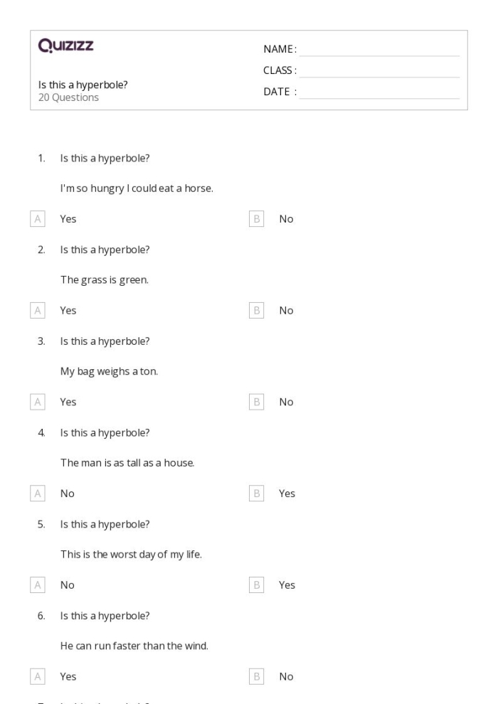 Fourth grade students learning how to use hyperbolic expressions in this fun figurative language worksheet 25