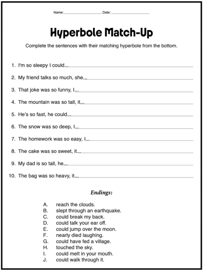 Fifth grade student analyzing a poem to identify examples of hyperbole on a worksheet