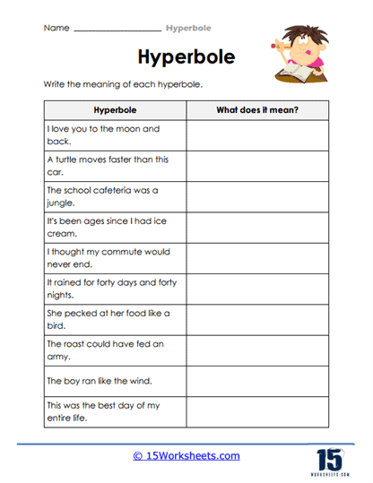 Fifth grade student completing a figurative language exercise about hyperbole in poetry