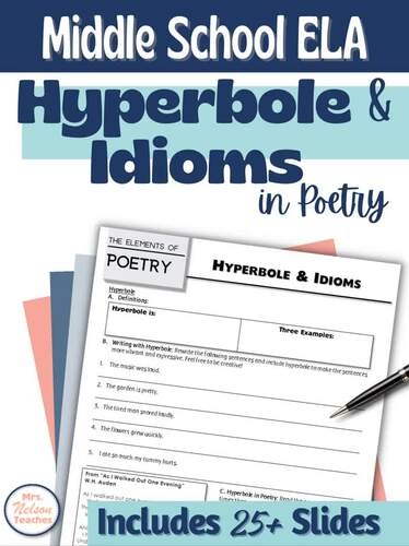 A student reading a colorful poem worksheet that demonstrates exaggerated language and hyperbole examples for fifth grade learning