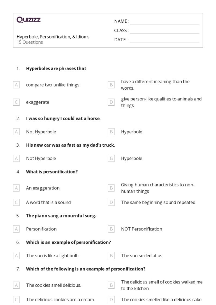 Fifth grade students identifying figurative language with a Hyperbole in Poetry worksheet