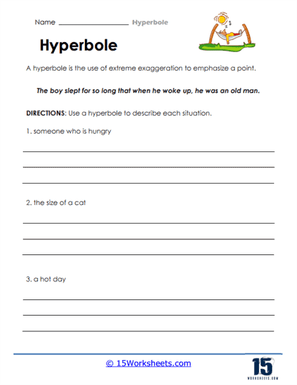 Fourth grade students practice identifying and writing sentences with exaggerated language in this figurative language worksheet.