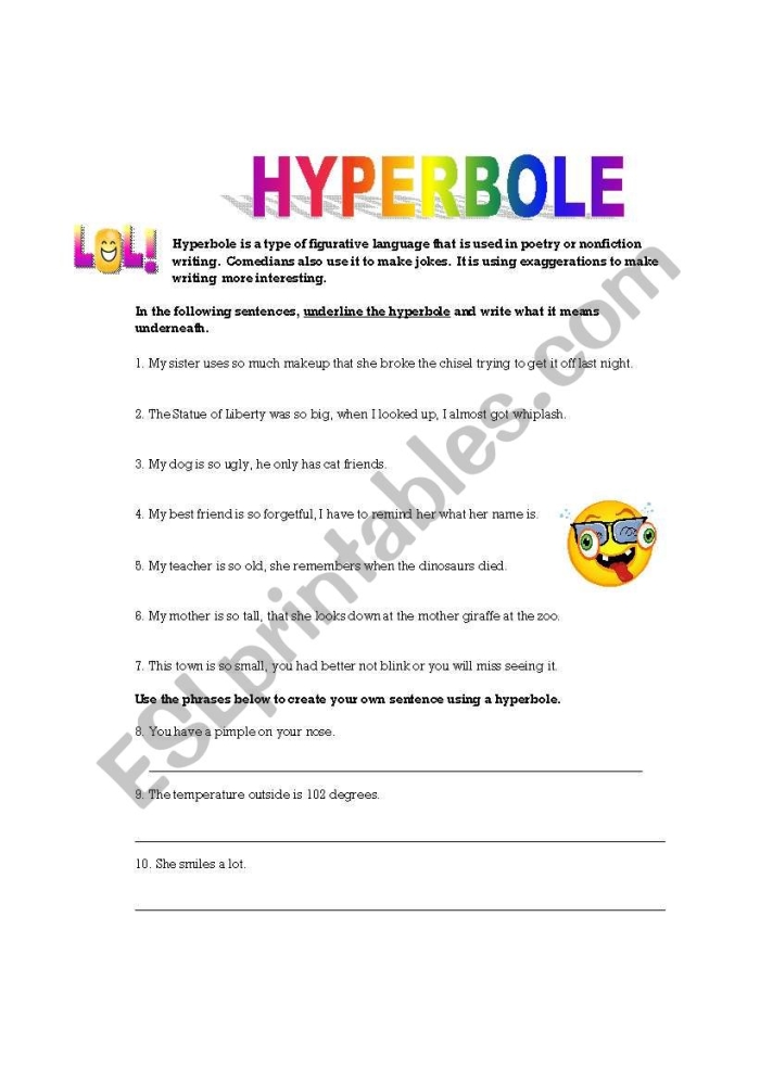 Fourth grade worksheet featuring engaging examples of hyperbole for writing practice