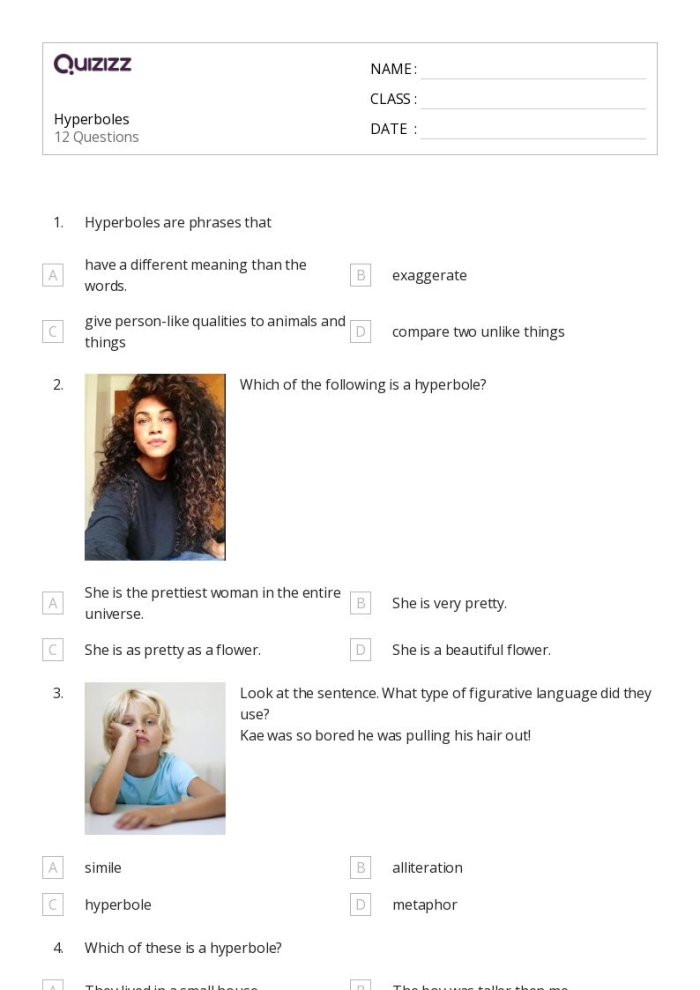 Hyperbole Story Worksheet 16 for Fifth Grade Creative Writing Practice A fifth grader completing a funny hyperbole story worksheet with fill-in-the-blank sentences and silly exaggeration prompts