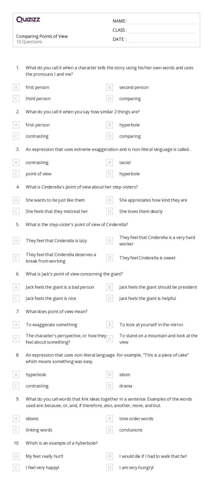 Worksheet featuring examples of hyperbole for fourth graders practicing subtraction skills