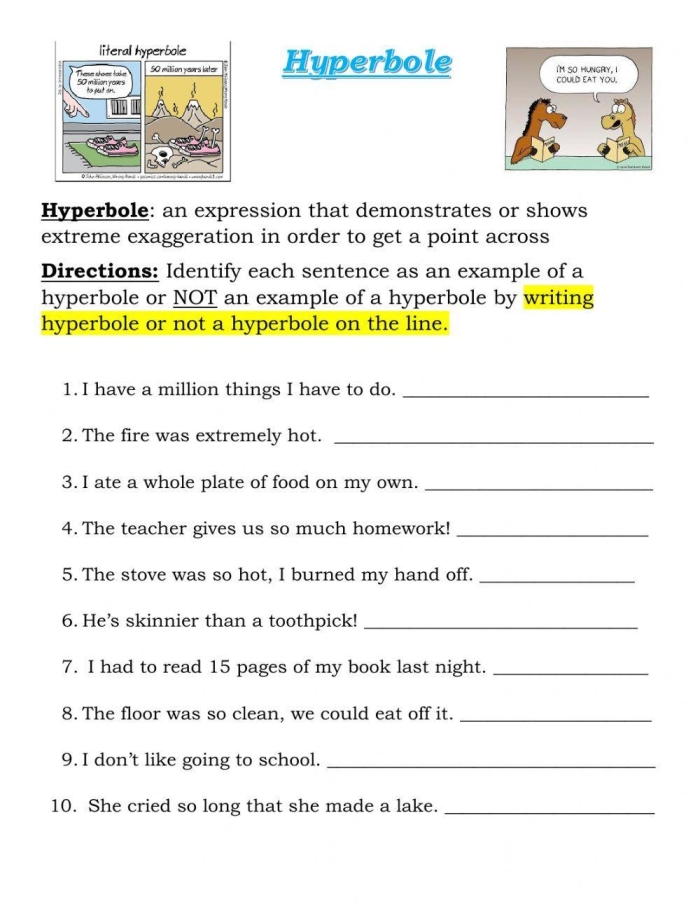 Having Fun with Hyperbole Worksheet Eleventh Edition Fourth grade student filling out a worksheet about identifying and writing hyperbolic expressions
