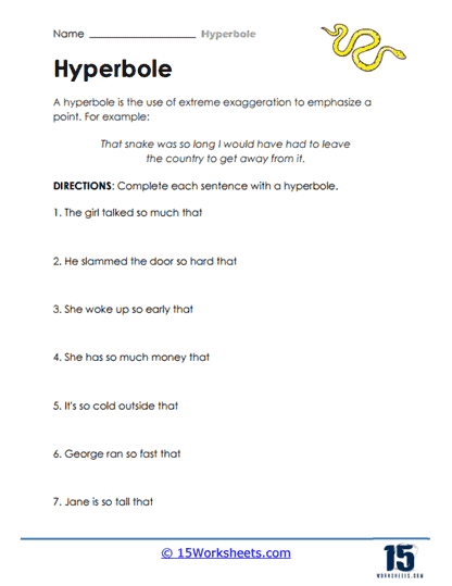 Fourth grade worksheet featuring practice exercises for identifying and writing examples of hyperbole part 1