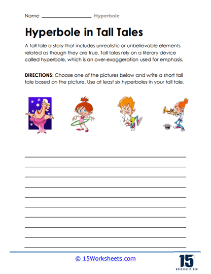 Having Fun with Hyperbole Worksheet Image 8 Fourth grade student working on a Having Fun with Hyperbole writing worksheet
