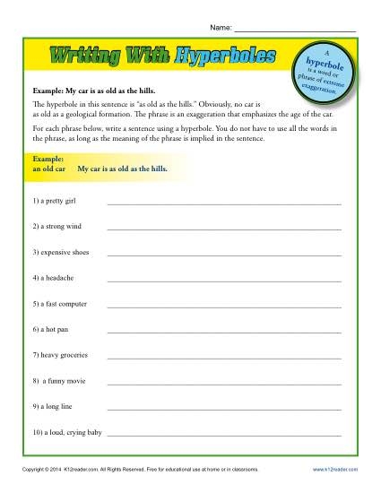 Having Fun with Hyperbole Worksheet Number 22 Fourth grade writing worksheet focused on identifying and creating hyperbolic sentences