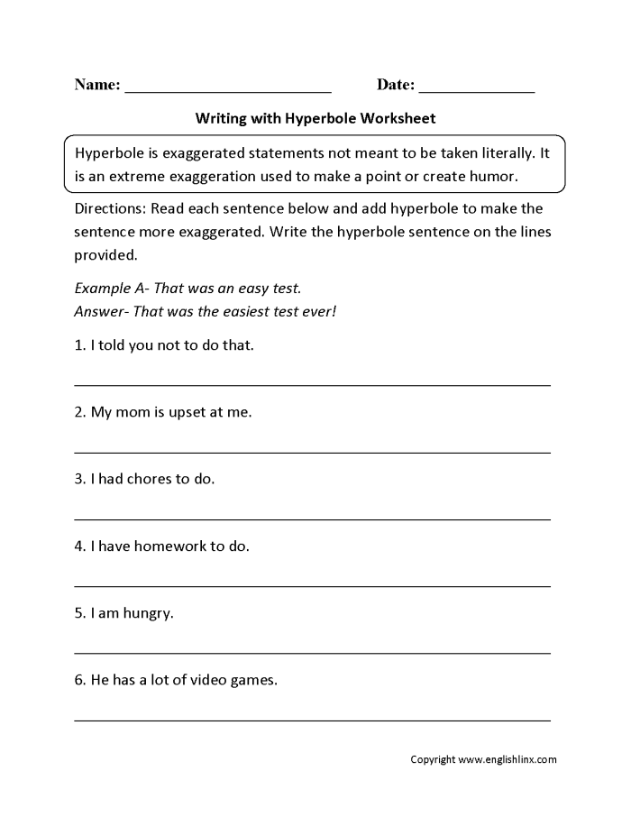 Having Fun with Hyperbole Worksheet 25 for Fourth Grade Writing Practice Fourth grade worksheet featuring fun writing exercises about hyperbole for students to practice exaggerations