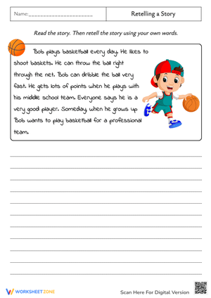 Pre-K student worksheet for practicing story retelling skills with space for drawing and writing