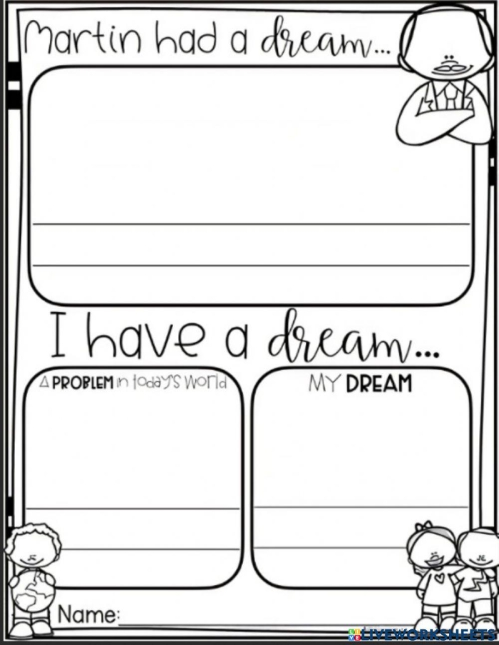I Have a Dream worksheet for fourth graders featuring excerpts from Dr. King's speech and a drawing activity. Engaging worksheet promoting reflection on Dr. King's vision and values.