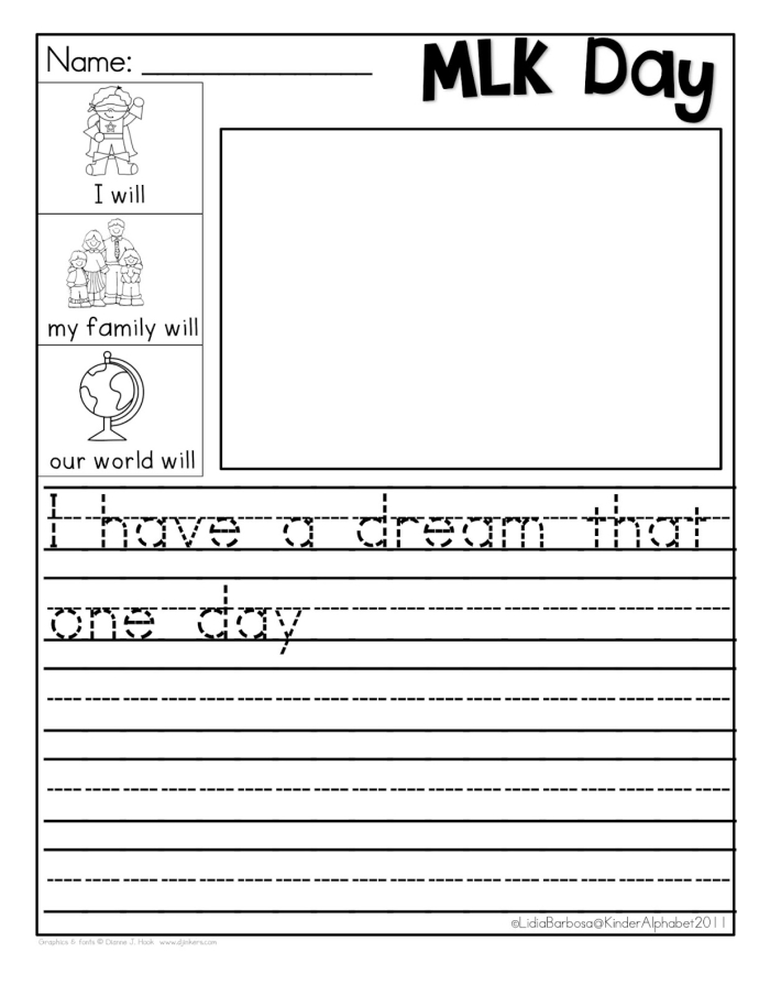 Worksheet featuring excerpts from Dr. King's "I Have a Dream" speech for fourth graders. Two-page activity for students to illustrate their reflections inspired by Dr. King's vision.