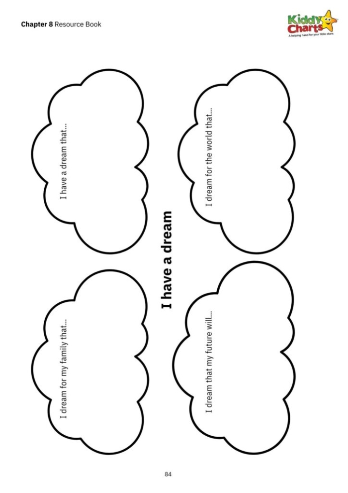A two-page worksheet featuring excerpts from Dr. King's "I Have a Dream" speech for fourth graders. I Have a Dream worksheet for reflecting and illustrating Dr. King's vision.