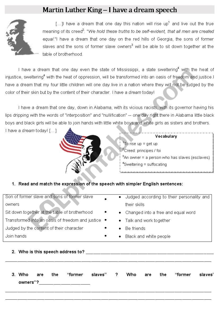 I Have a Dream worksheet featuring excerpts from Dr. King's speech for fourth graders