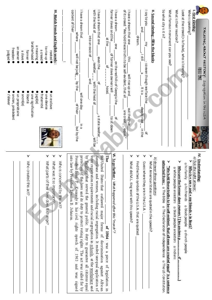 I Have a Dream worksheet featuring excerpts from Dr. King's speech for fourth graders