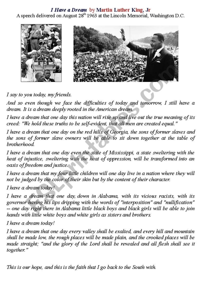 A two-page worksheet featuring excerpts from Dr. King's "I Have a Dream" speech for fourth graders. I Have a Dream Worksheet: Reflecting on Dr. King's Vision