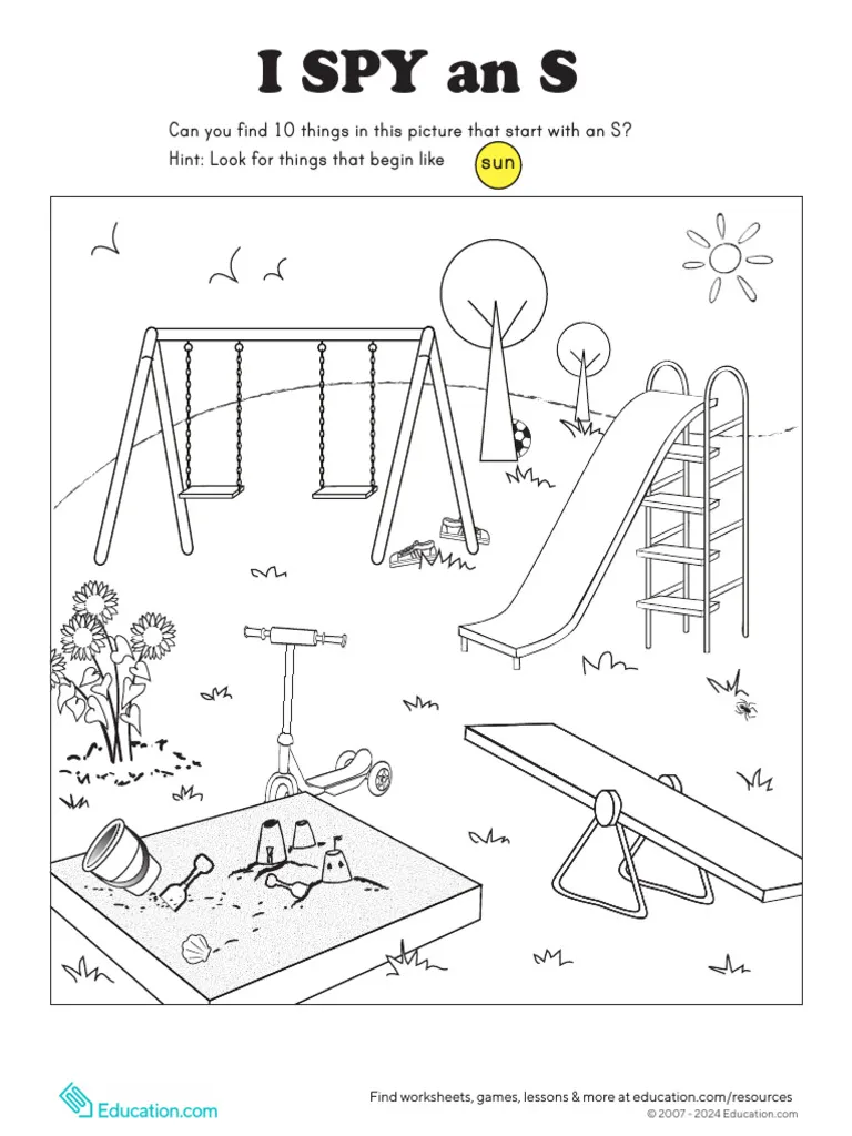 I Spy Letter S worksheet for preschoolers number 8 Pre-K worksheet featuring an I Spy activity to identify objects that start with the letter S