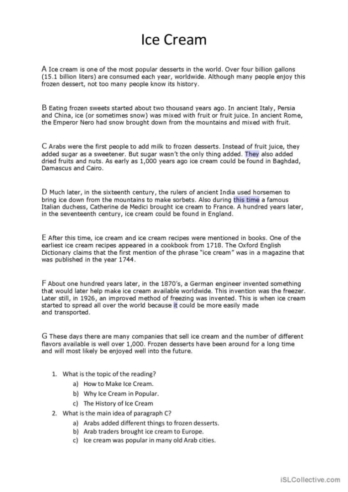 Reading worksheet for Third Grade A third-grade reading comprehension worksheet titled "The Ice Cream Disaster" designed to enhance text analysis skills. Engaging passage for 3rd graders to develop deeper understanding of the text.