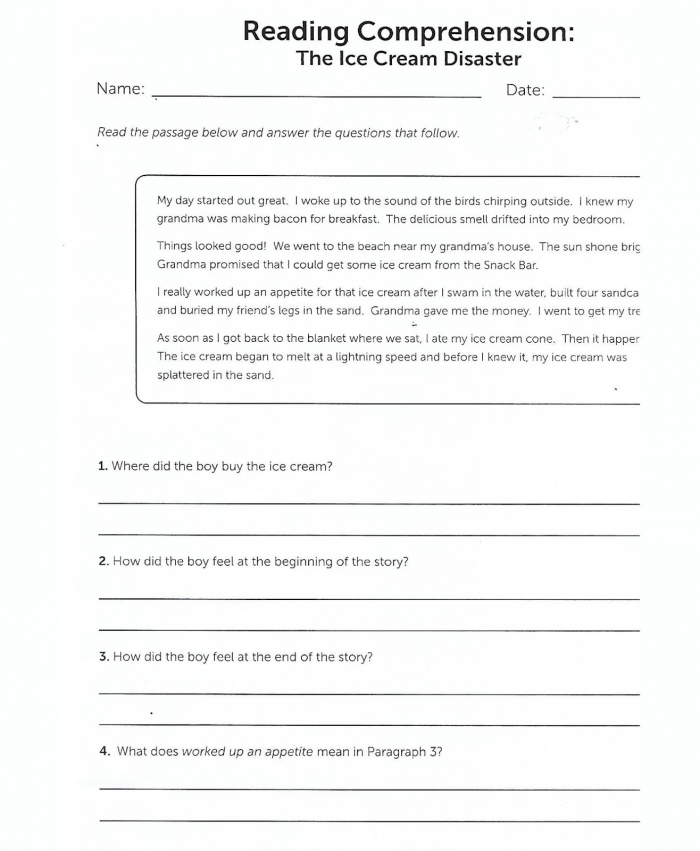 Reading worksheet for Third Grade Worksheet image for the Reading Comprehension activity titled "The Ice Cream Disaster" aimed at third graders. Engaging illustration for the reading passage to enhance comprehension skills.