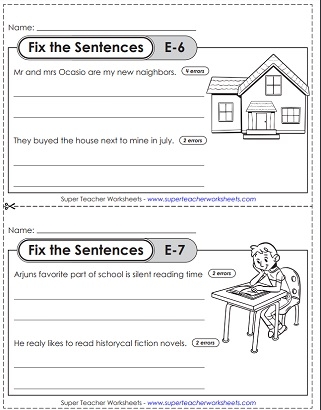 A second grade student worksheet showing sentences about an ice cream shop with capitalization and punctuation errors that need to be corrected