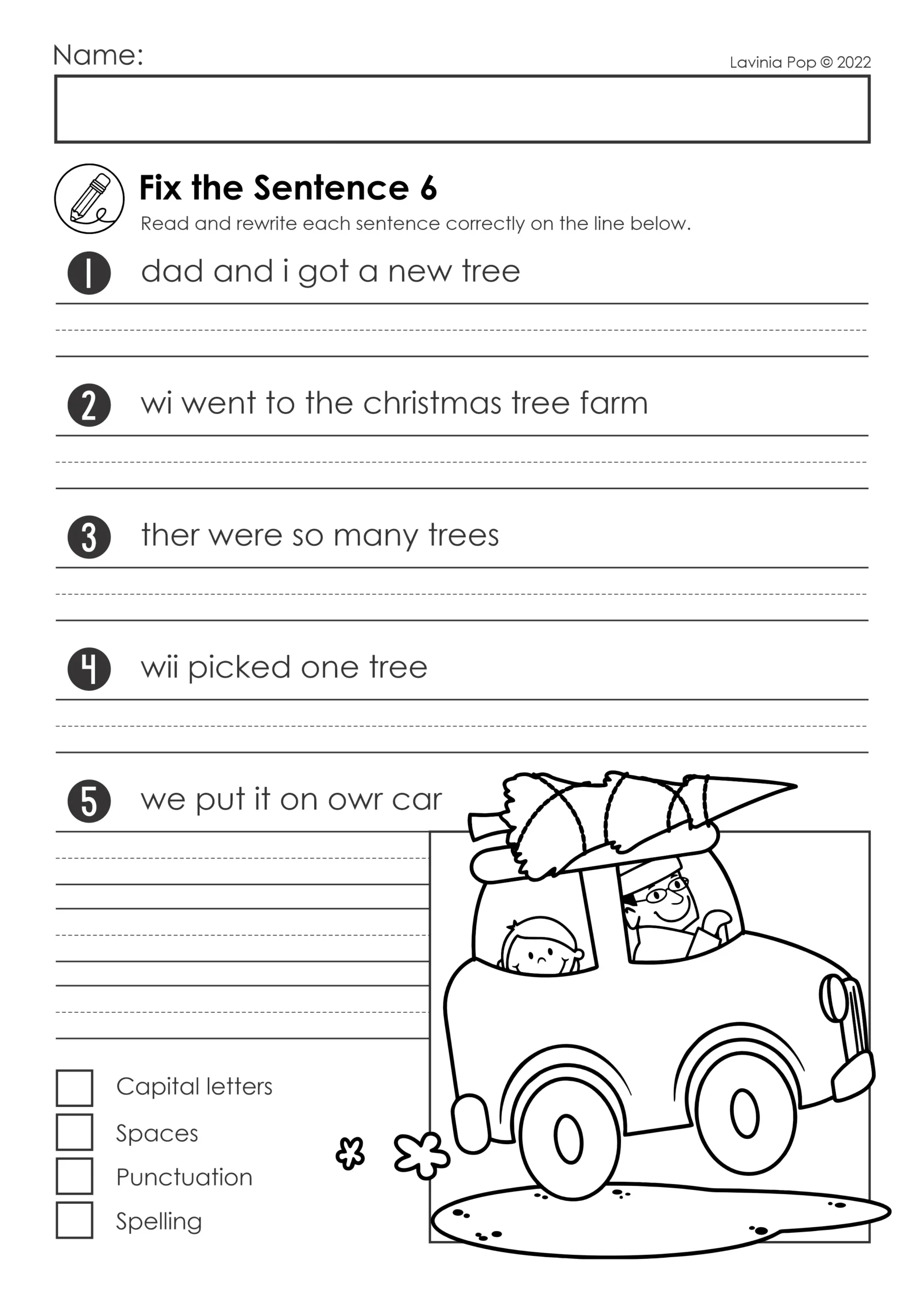 A second grade student worksheet showing sentences about an ice cream shop with errors that need to be corrected using proper capitalization and punctuation