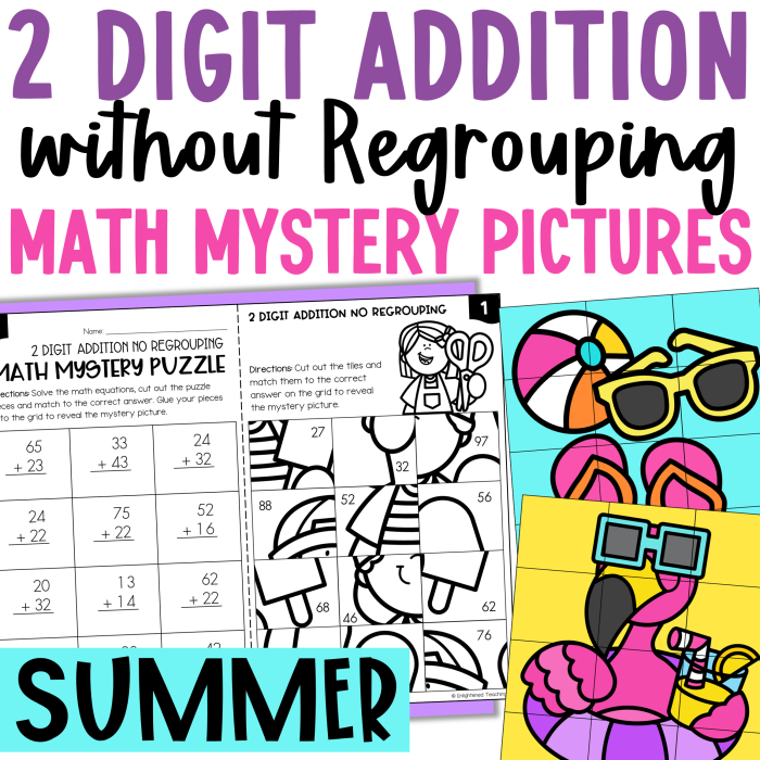 A student practicing two-digit addition with regrouping on an ice skating themed math worksheet