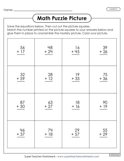 Children practicing two-digit addition with regrouping on an ice skating-themed worksheet